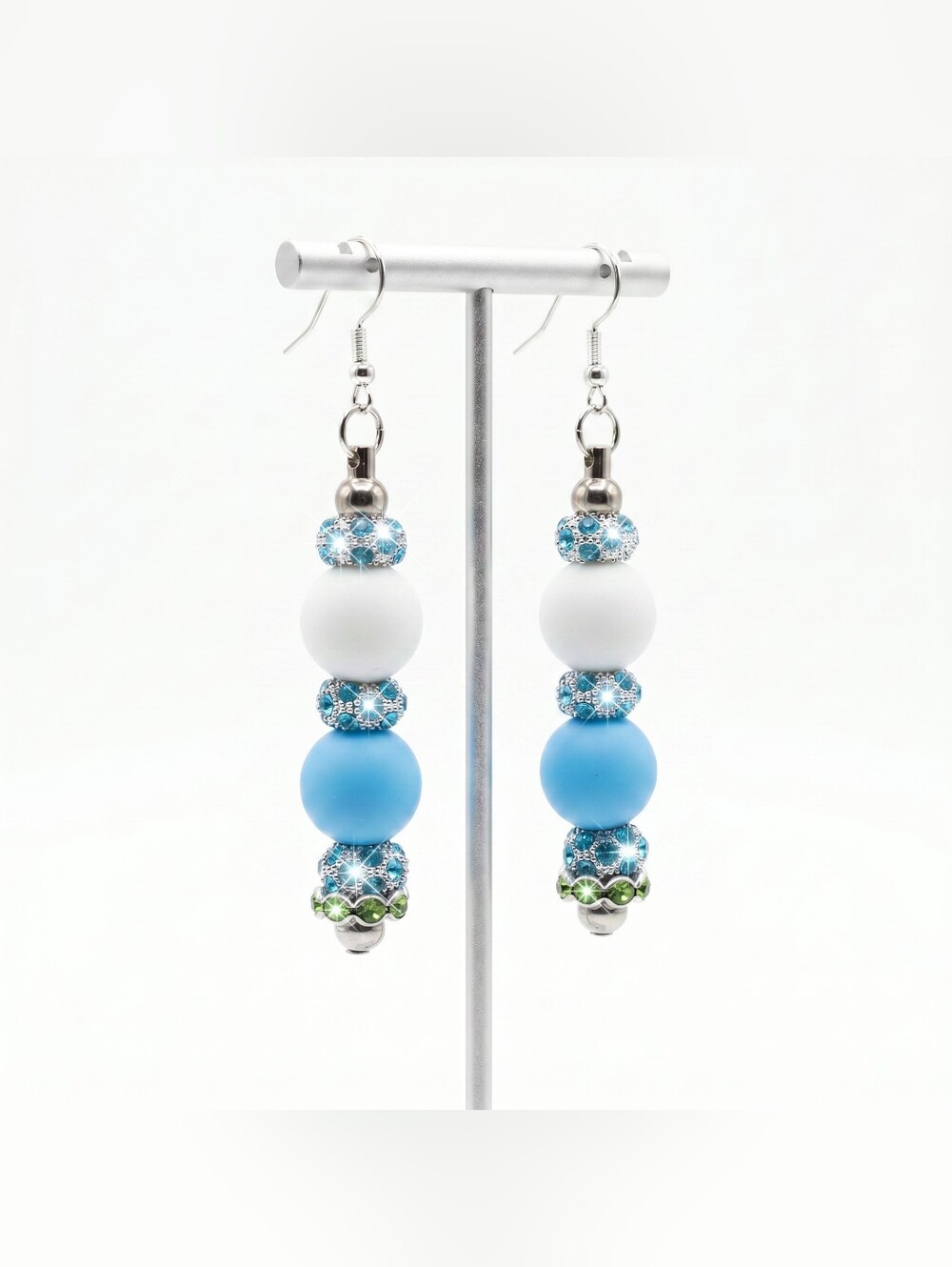 Blue & White Rhinestone Beaded Drop Earrings - 925 Sterling Silver Hook Earrings - Picture 10 of 11